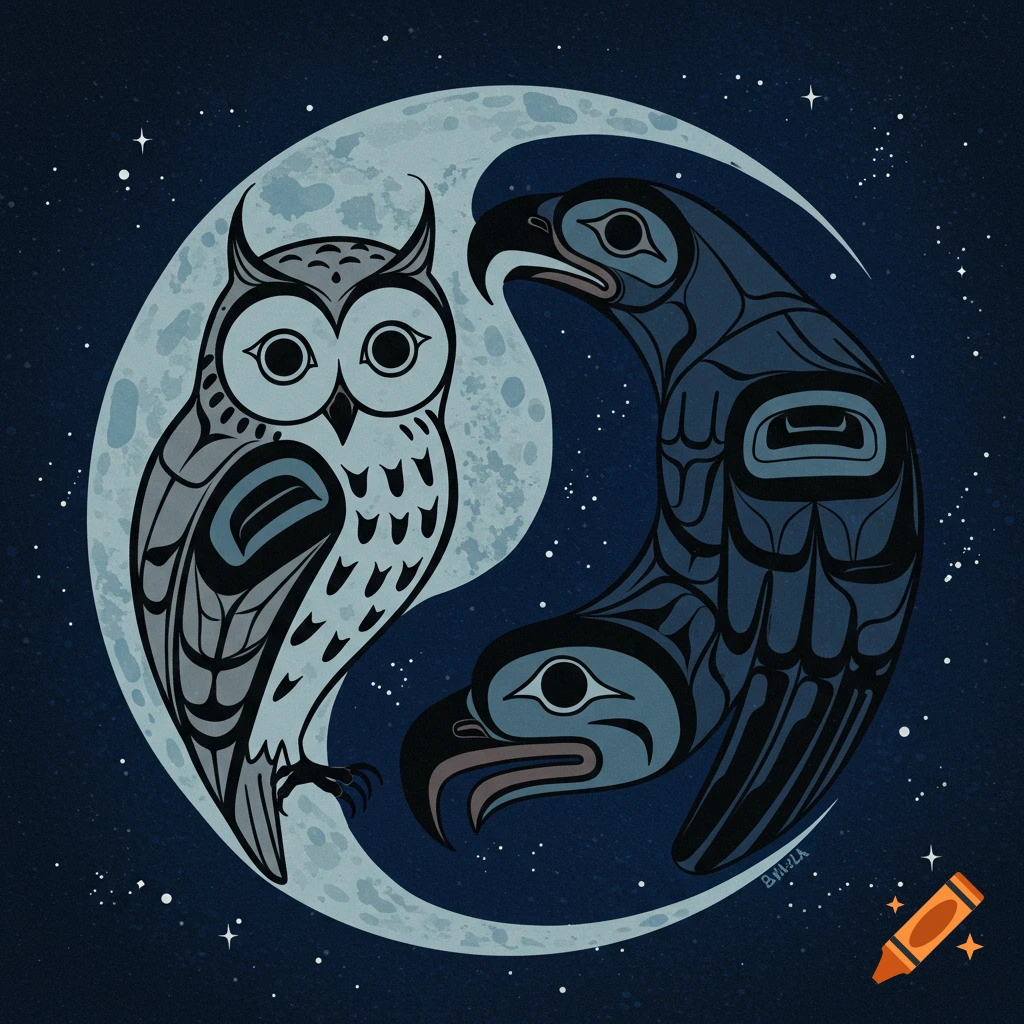 Haida art style depiction of an owl and an eagle in a yin-yang design within a moon against a starry night.