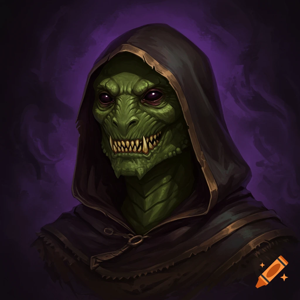 A hooded green reptilian creature with fangs against purple