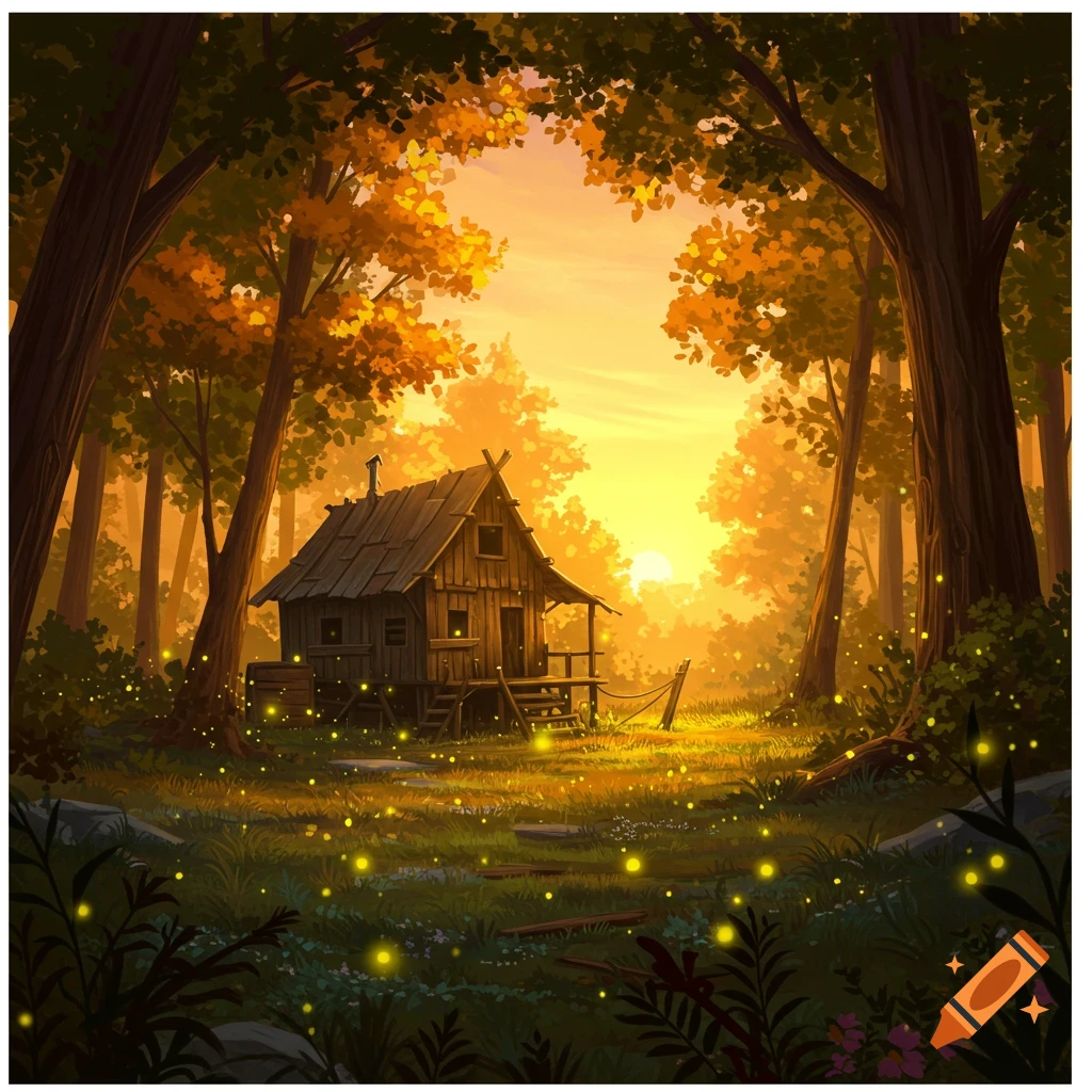 A wooden shack in an enchanted forest with fireflies at sunset.
