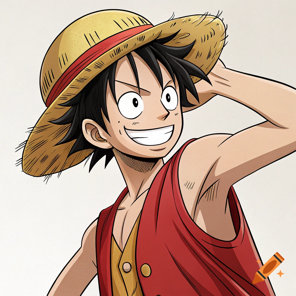 Cartoon portrait of Monkey D. Luffy from One Piece smiling and adjusting his straw hat.