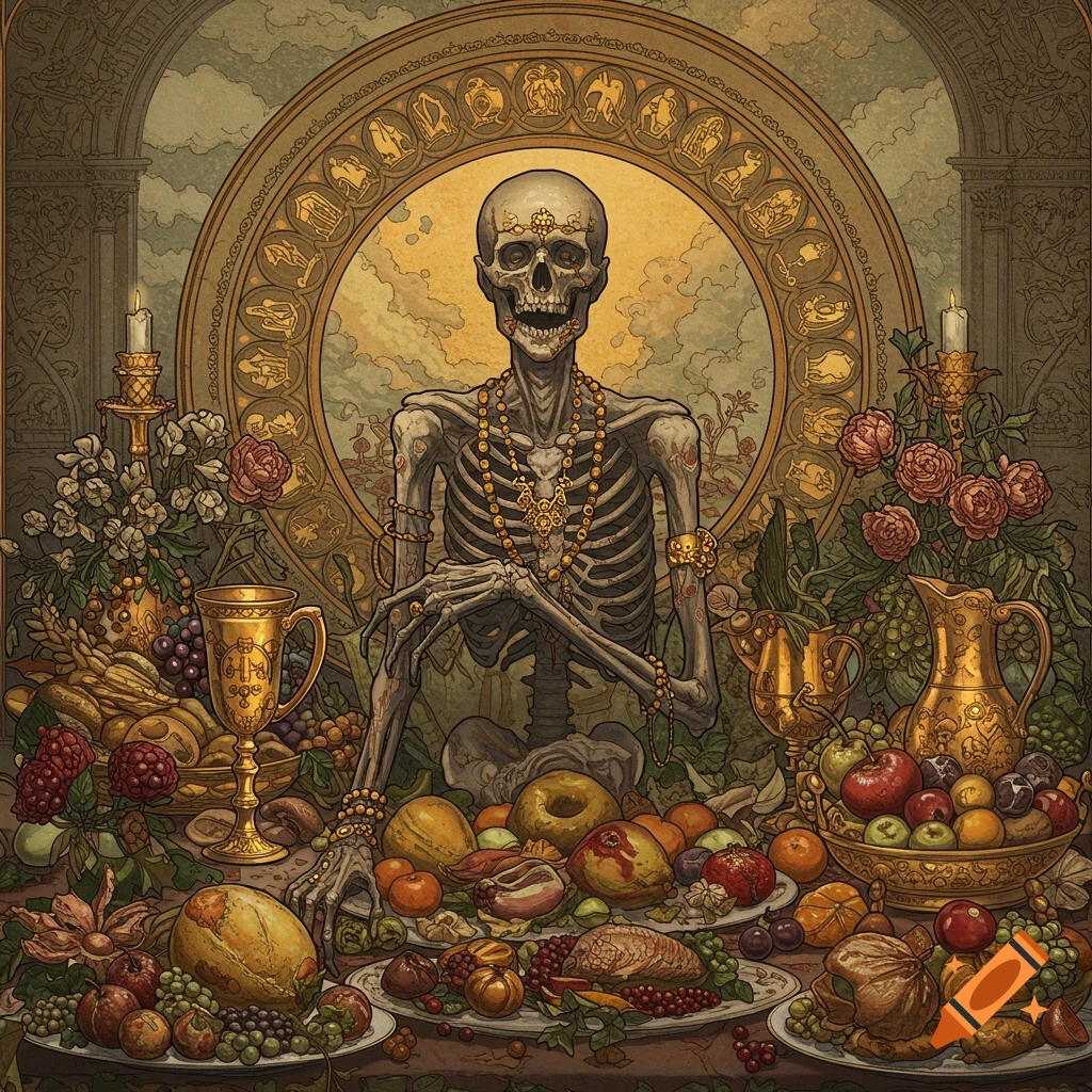 A detailed image of a skeleton in gold jewelry sitting at a table laden with food and fruit.