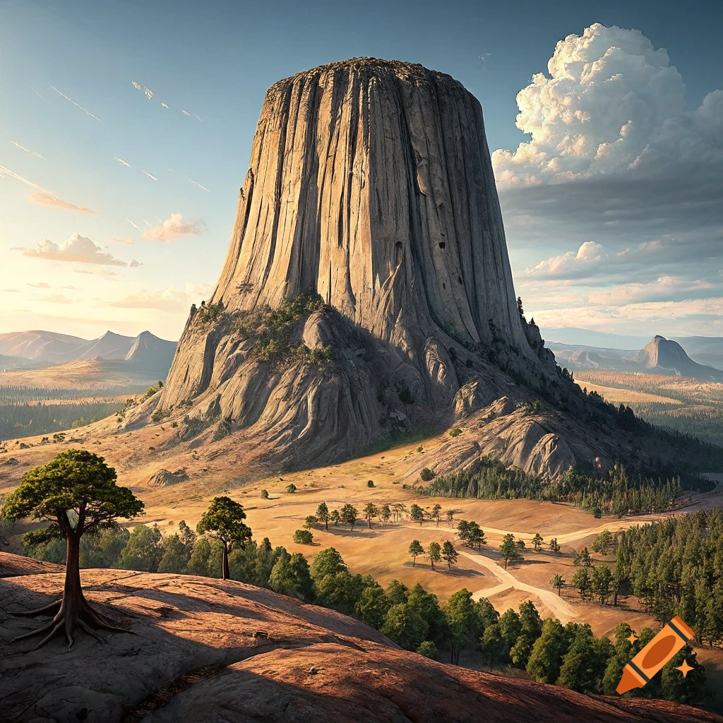 A photorealistic landscape showing a large, vertically grooved rock monolith rising from plains, surrounded by trees.