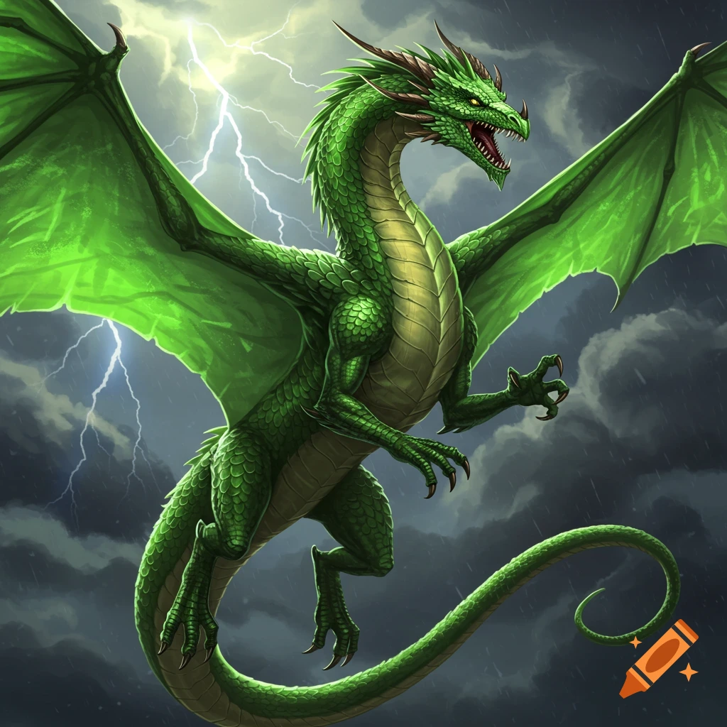 A green dragon flies through a stormy sky with lightning.