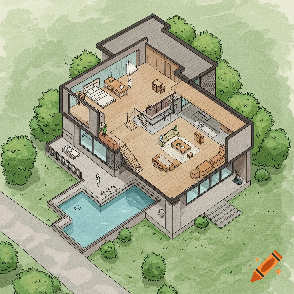 Isometric illustration of a modern house with pool, showing exterior and interior floor plan