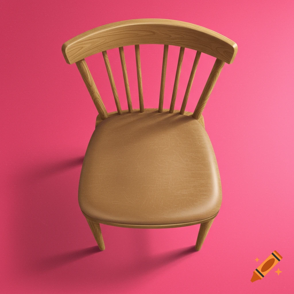 A top-down view of a wooden chair with a brown leather seat on a pink background.