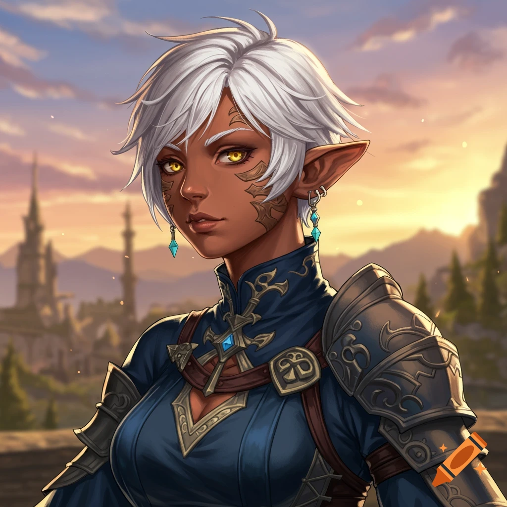A female fantasy character with white hair, dark skin, yellow eyes, and armor against a sunset landscape.