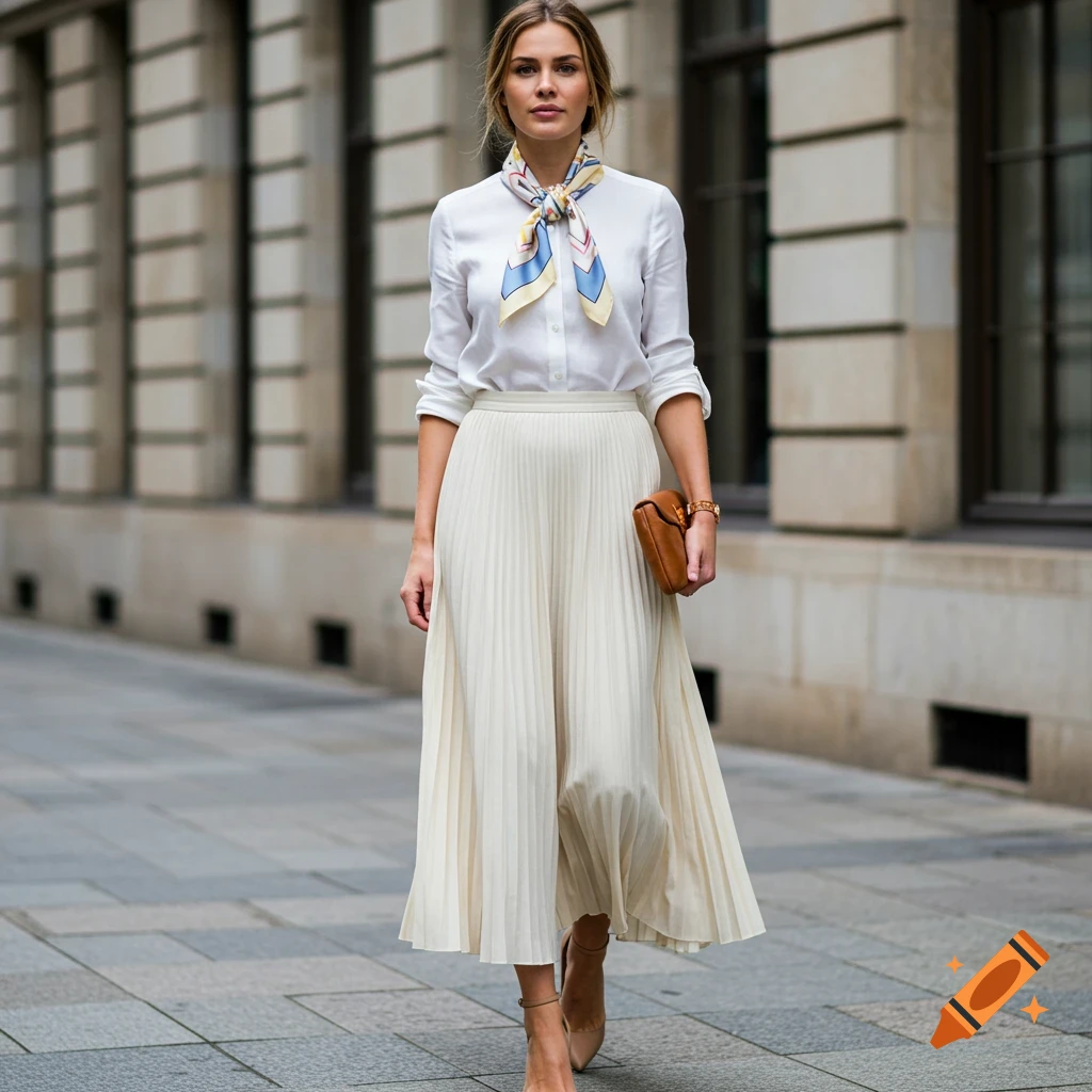 Woman walking on a city street wearing a white blouse, pleated cream maxi skirt, and a colorful silk scarf.