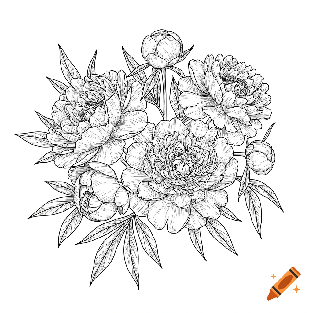 A black and white line drawing of a bouquet of peonies.