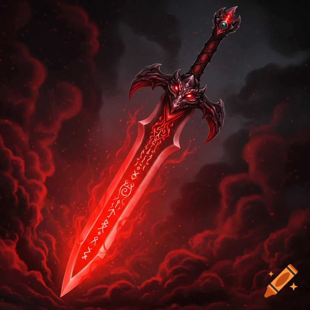 A red glowing fantasy sword with a dragon hilt and runes on the blade, surrounded by red smoke.
