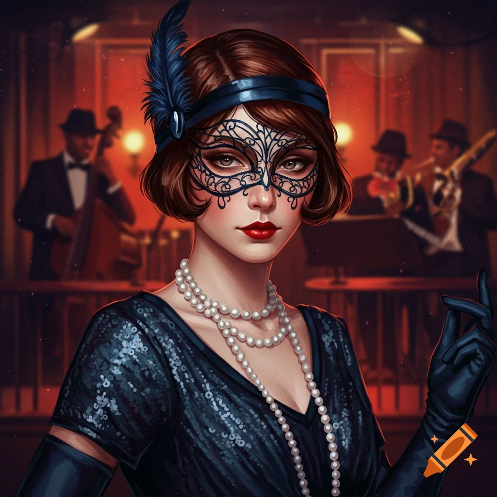 a woman wearing a mask and pearls in a jazz club