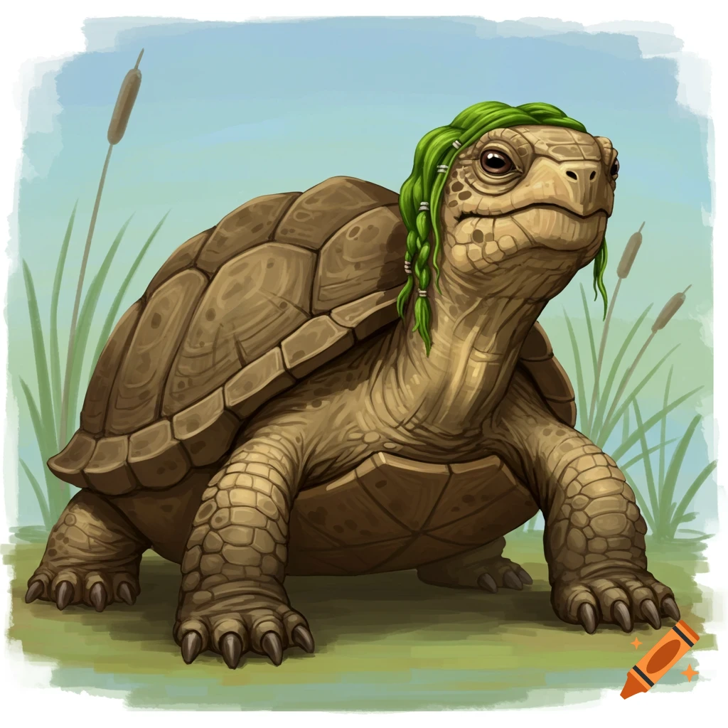 A wise turtle with braided green hair stands in a grassy area with cattails.