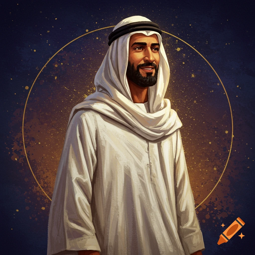 A man in white traditional Middle Eastern clothing smiles against a dark, starry background with a golden ring