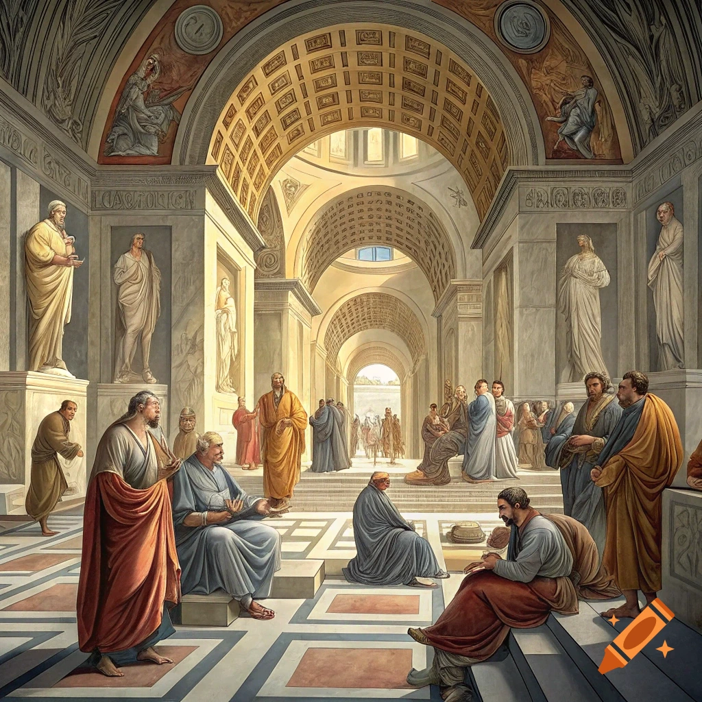 A grand painting-style scene depicting a large group of ancient philosophers in a classical building.
