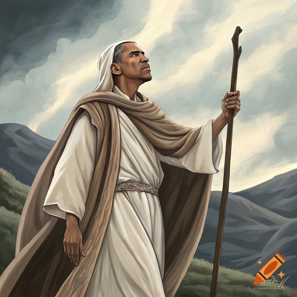 Stylized illustration of Barack Obama as a prophet in a landscape, holding a staff.