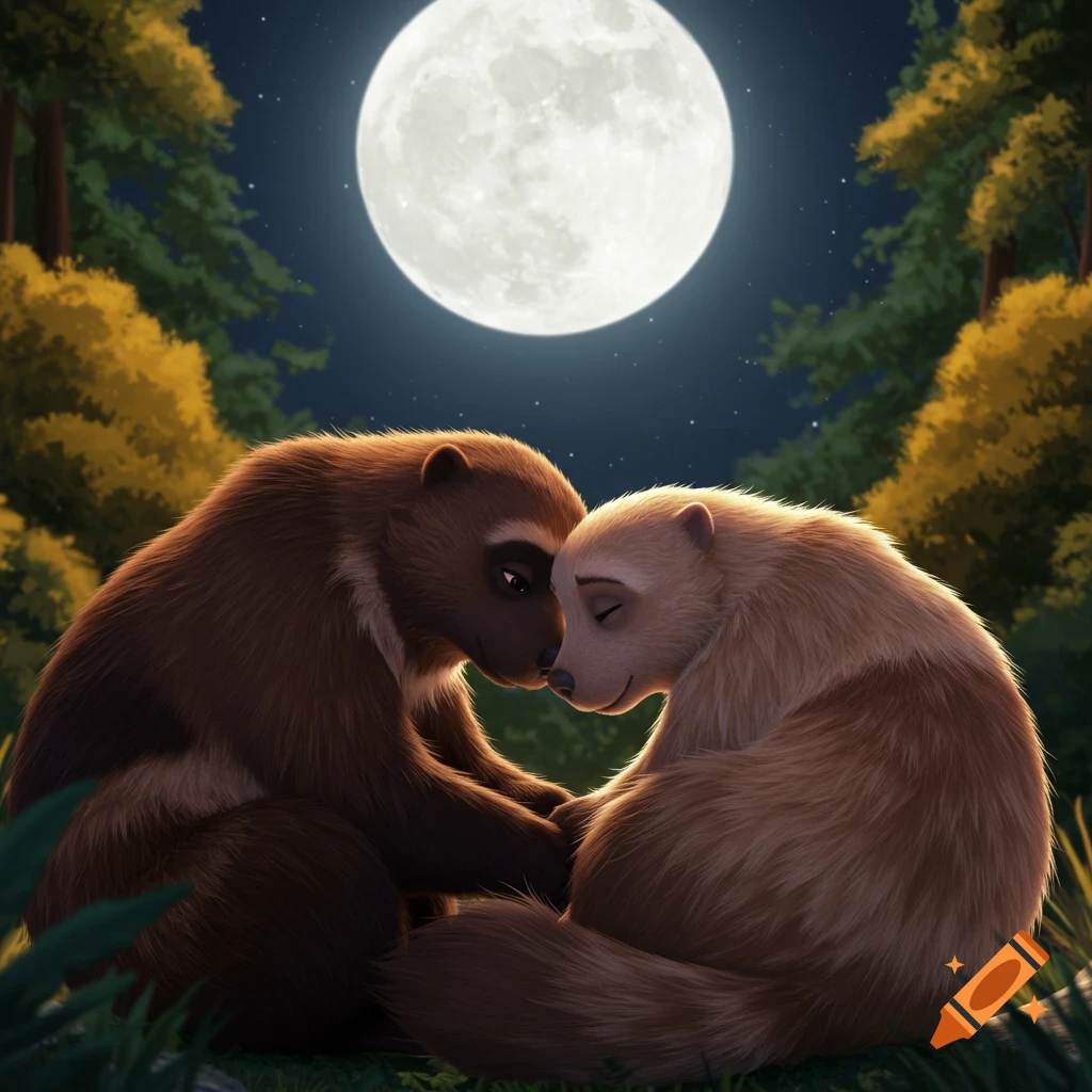 Two wolverines cuddle under a large full moon at night in a forest, Pixar style