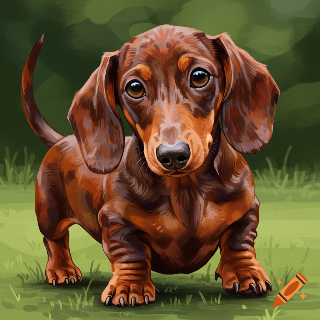 A brown dachshund puppy stands in grass.