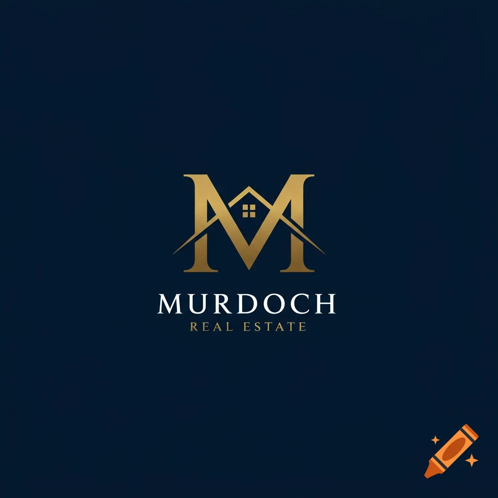 Golden logo with a stylized M shaped like a house, with 'MURDOCH REAL ESTATE' text below, on a dark blue background.