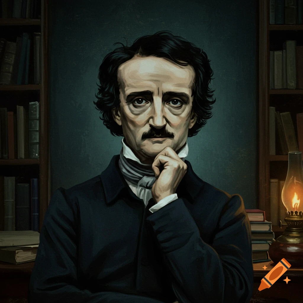 Portrait of Edgar Allan Poe with his hand on his chin in a library setting.