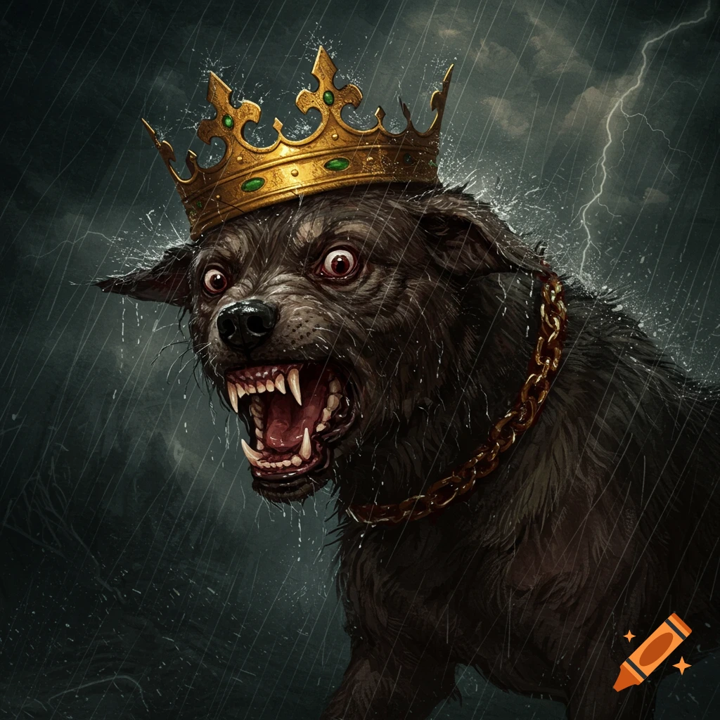 A mad dog wearing a golden crown, snarling in the rain with glowing eyes, gothic style.