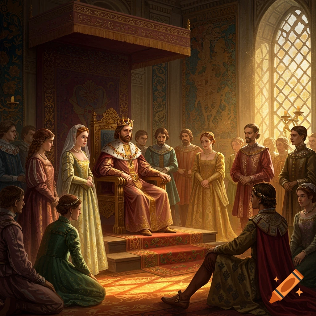 A king sits on a throne in an ornate hall, surrounded by courtiers in historical clothing.