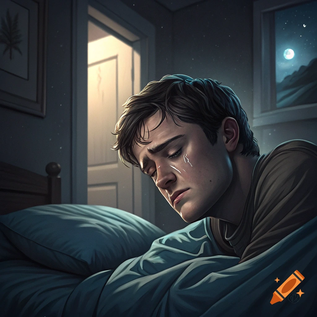 Young man crying in bed at night