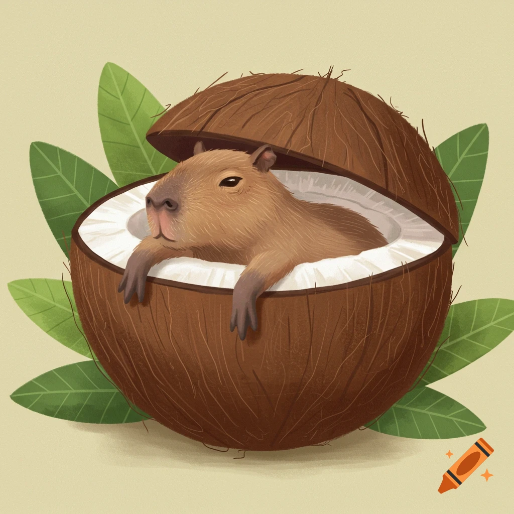 A capybara inside a coconut with leaves in the background.