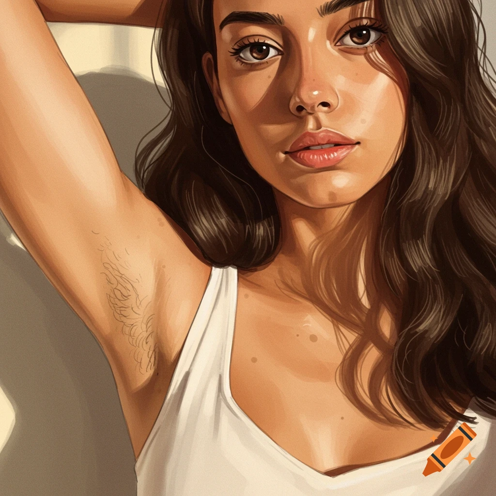 Close-up drawing of a young woman with long brown hair, showing armpit hair, wearing a white tank top in warm light.