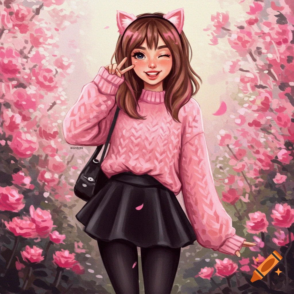 A girl with cat ears, pink sweater, black skirt, and black leggings is among pink flowers.