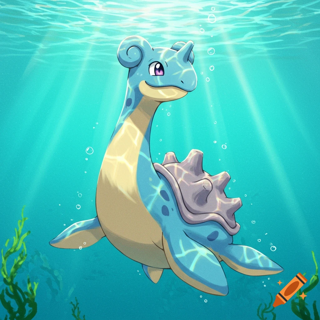 Lapras swimming underwater with sunlight rays