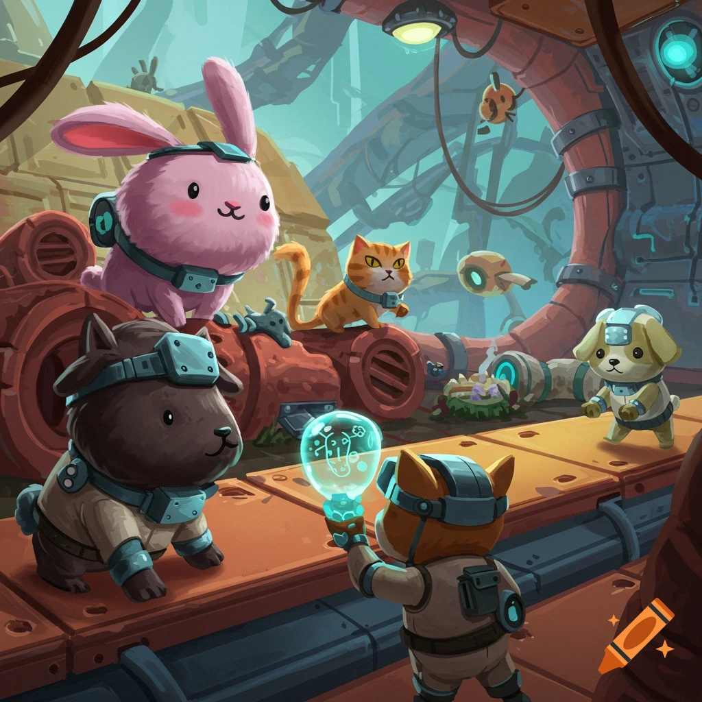 Cartoon animals wearing VR gear in a sci-fi environment.