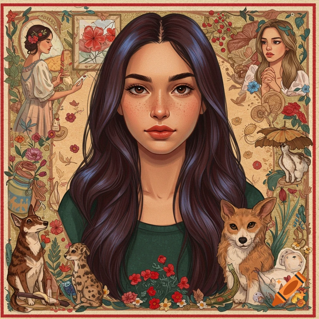 A woman surrounded by animals, flowers, and artistic elements.