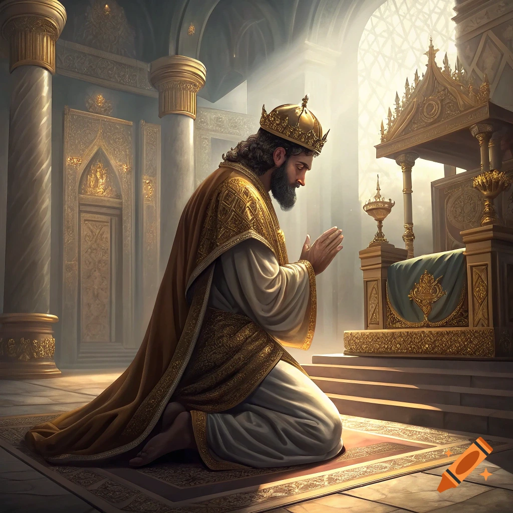 A king in a golden crown and robe kneels and prays in a large ornate hall, bathed in light.