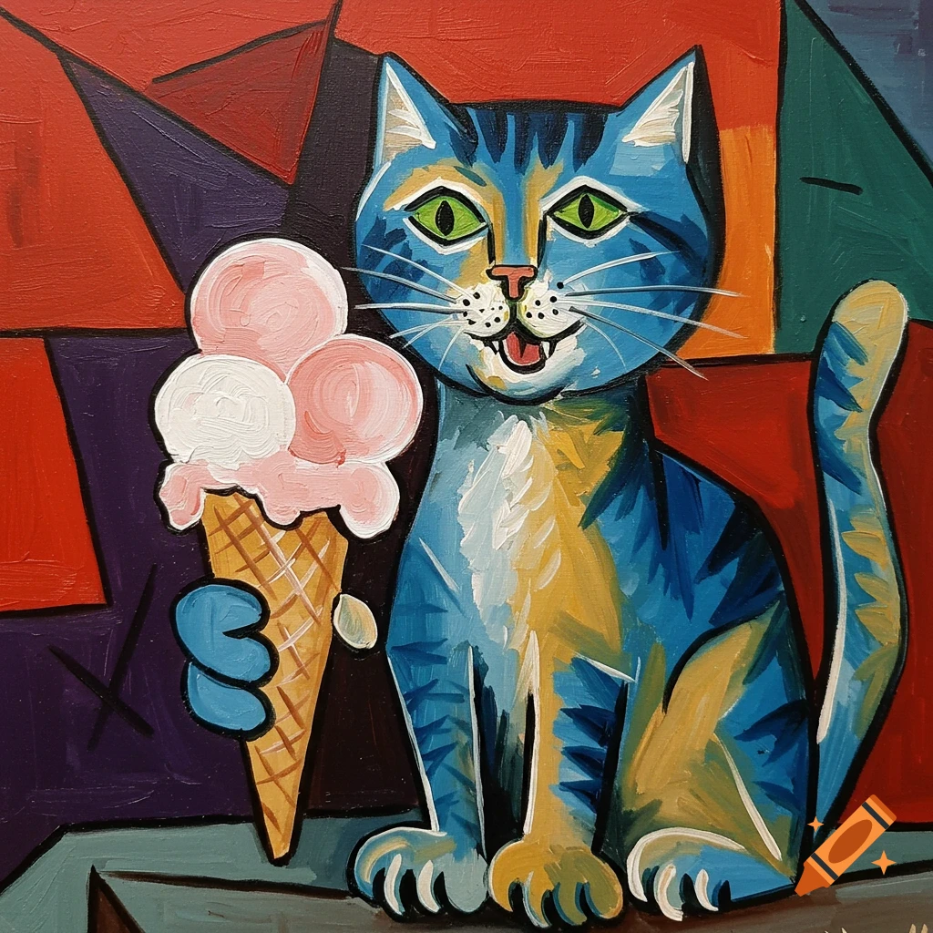 A cubist-style painting of a blue and yellow cat holding a pink ice cream cone.