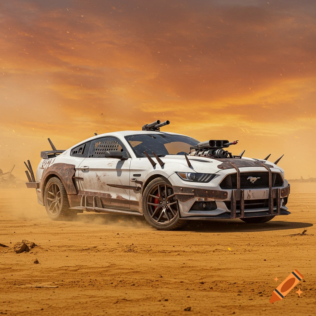 White modified Ford Mustang in a desert, Mad Max style.
