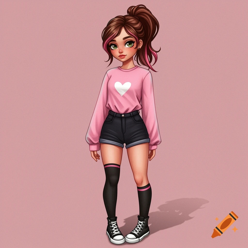 A girl with brown hair and pink highlights is wearing a pink heart sweater, black shorts, knee socks, and converse.