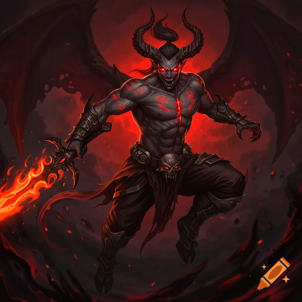 A winged demon with horns, glowing red eyes, and a fiery sword against a dark red background.