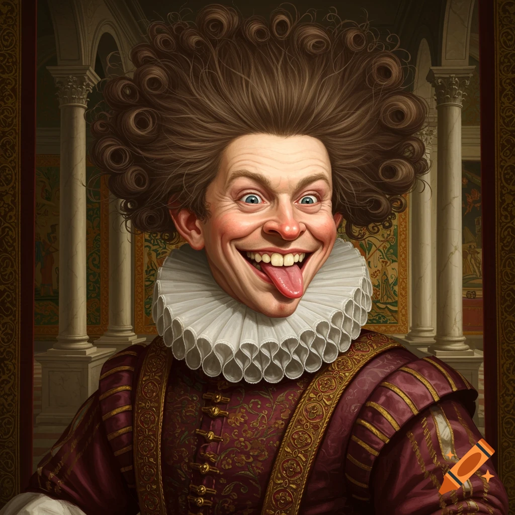 Comical portrait of a man with wild hair, buckteeth, and sticking out his tongue, wearing Renaissance clothing in a palace.
