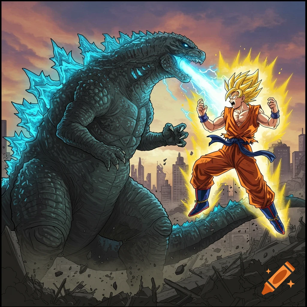 Godzilla fighting Super Saiyan Goku in a destroyed city.