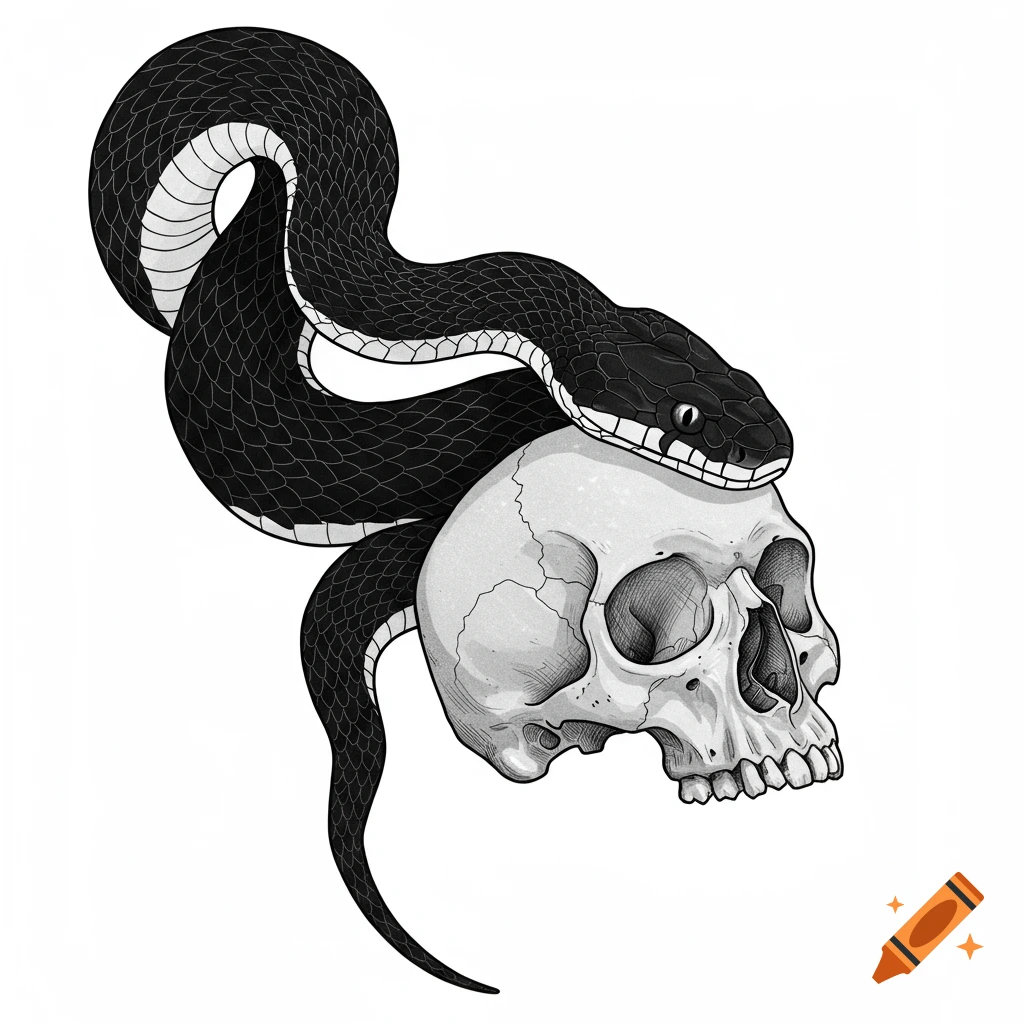 Line illustration of a black snake coiled around a human skull.