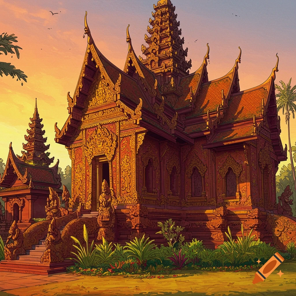An ornate temple at sunset