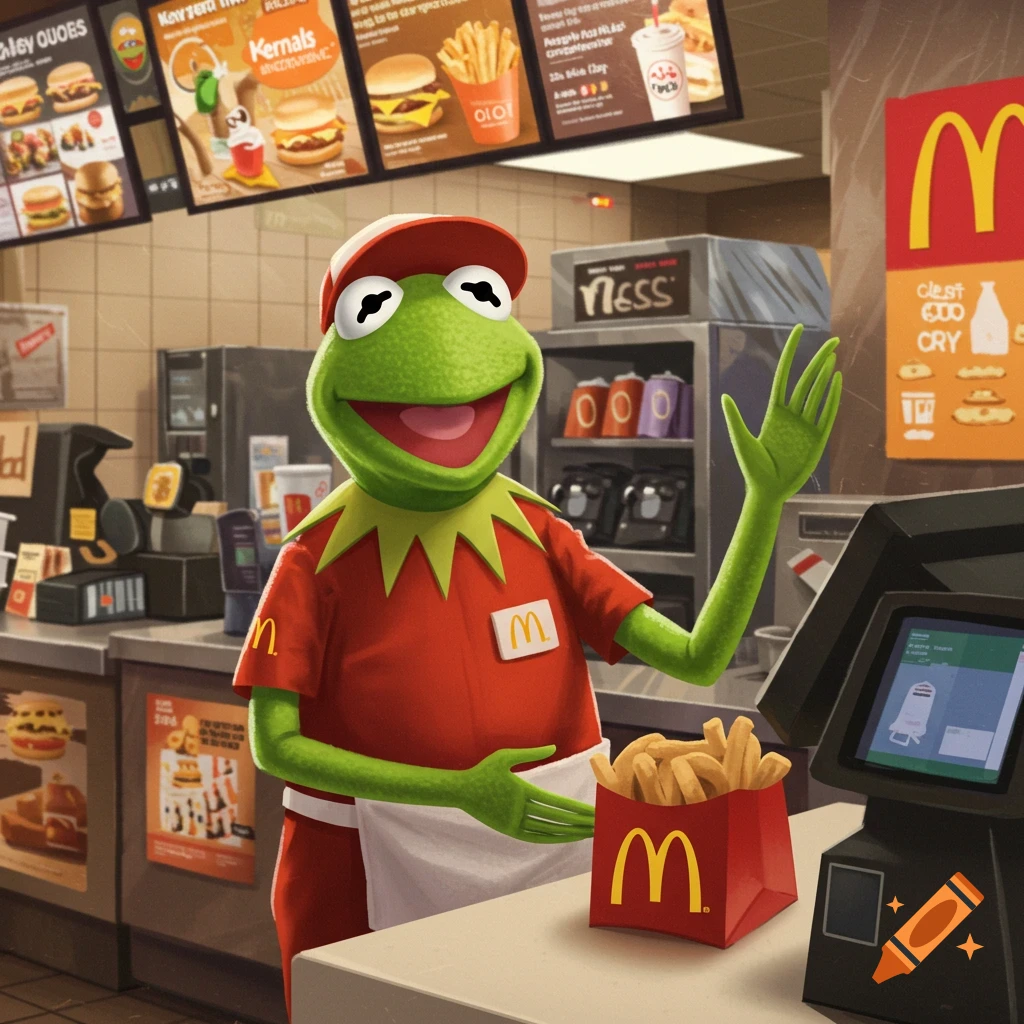Kermit the Frog working at McDonald's, holding a box of fries.