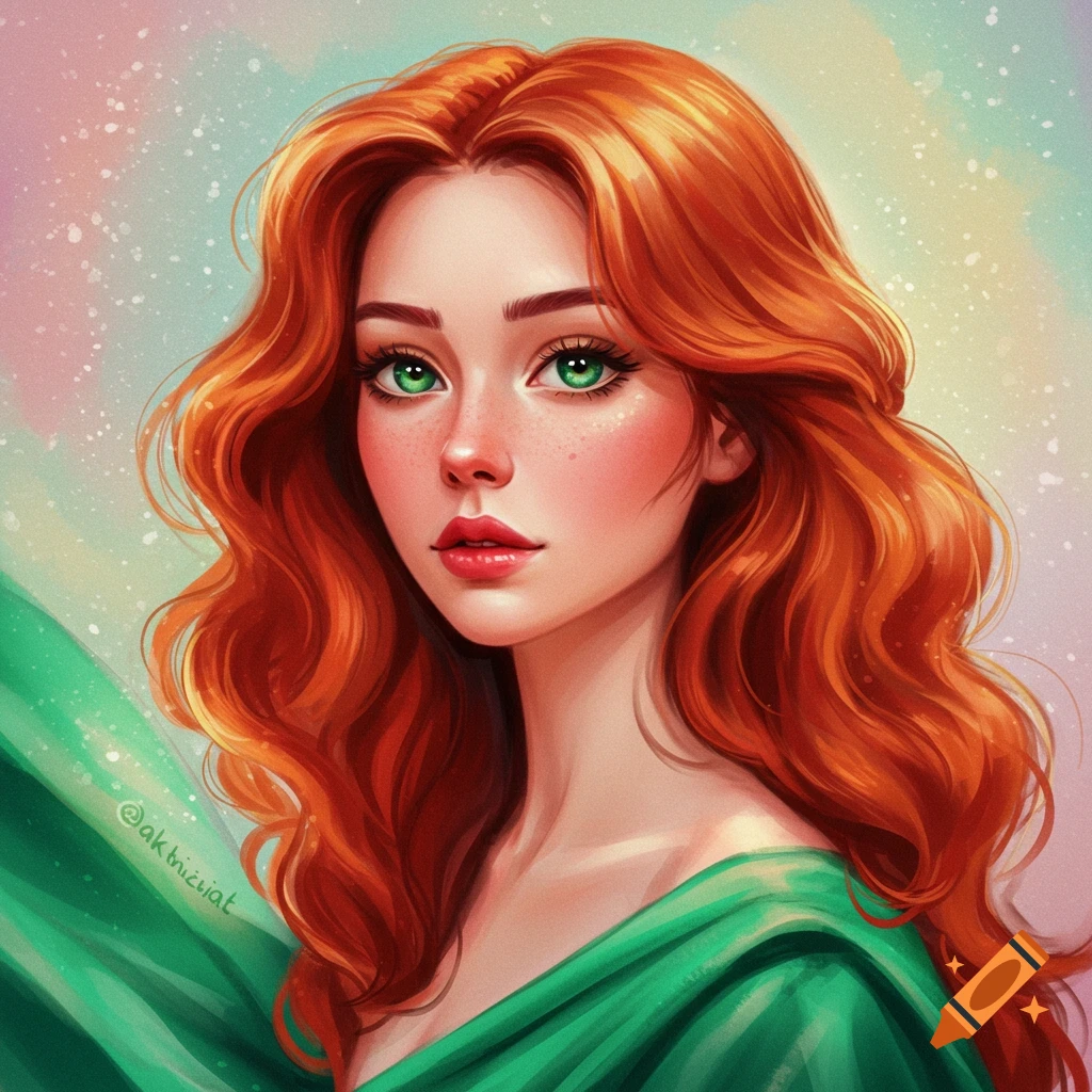 Illustrative portrait of a woman with red hair and green eyes in a ...