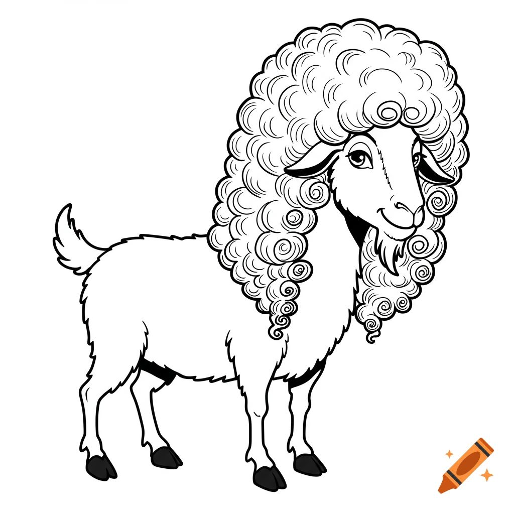 Black and white clip art illustration of a goat wearing a large curly wig.