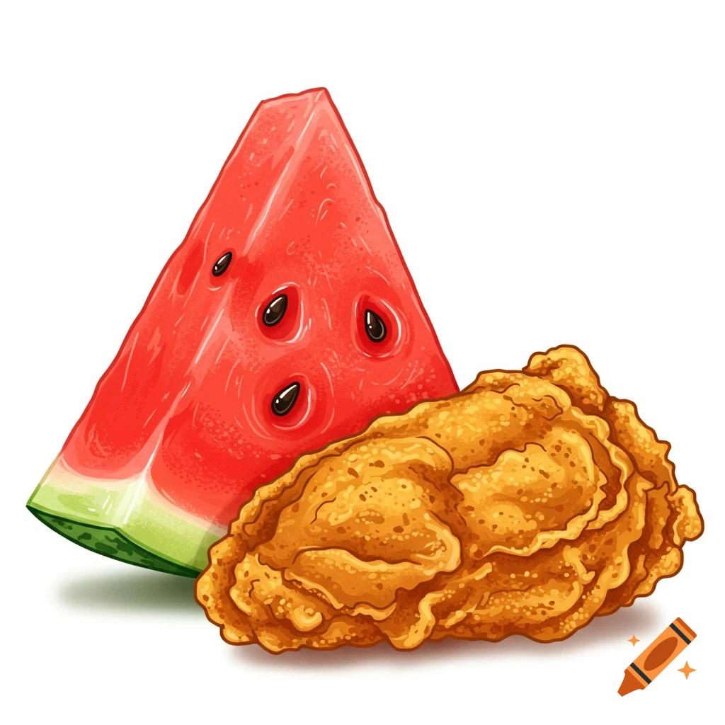 A slice of watermelon and a piece of fried chicken