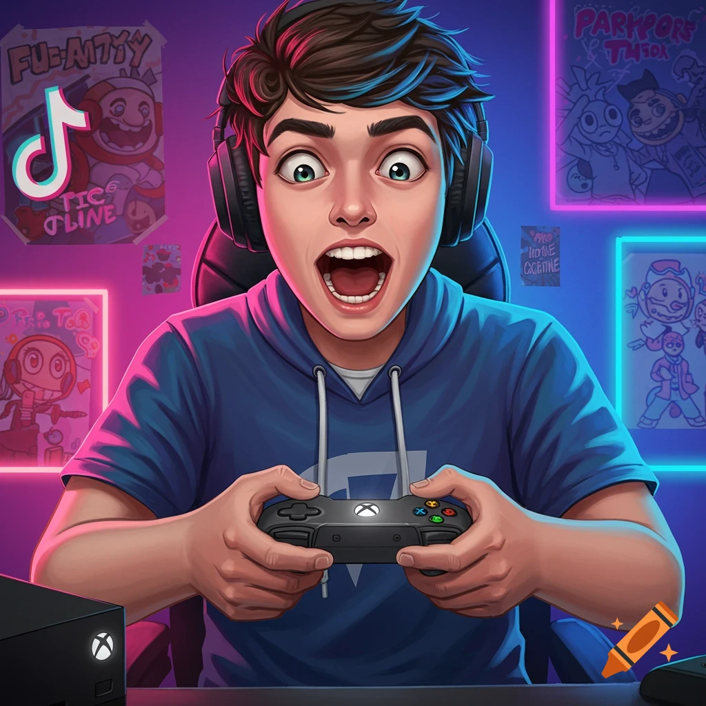 An excited young gamer with headphones plays a video game, holding a controller, surrounded by neon lights and posters.