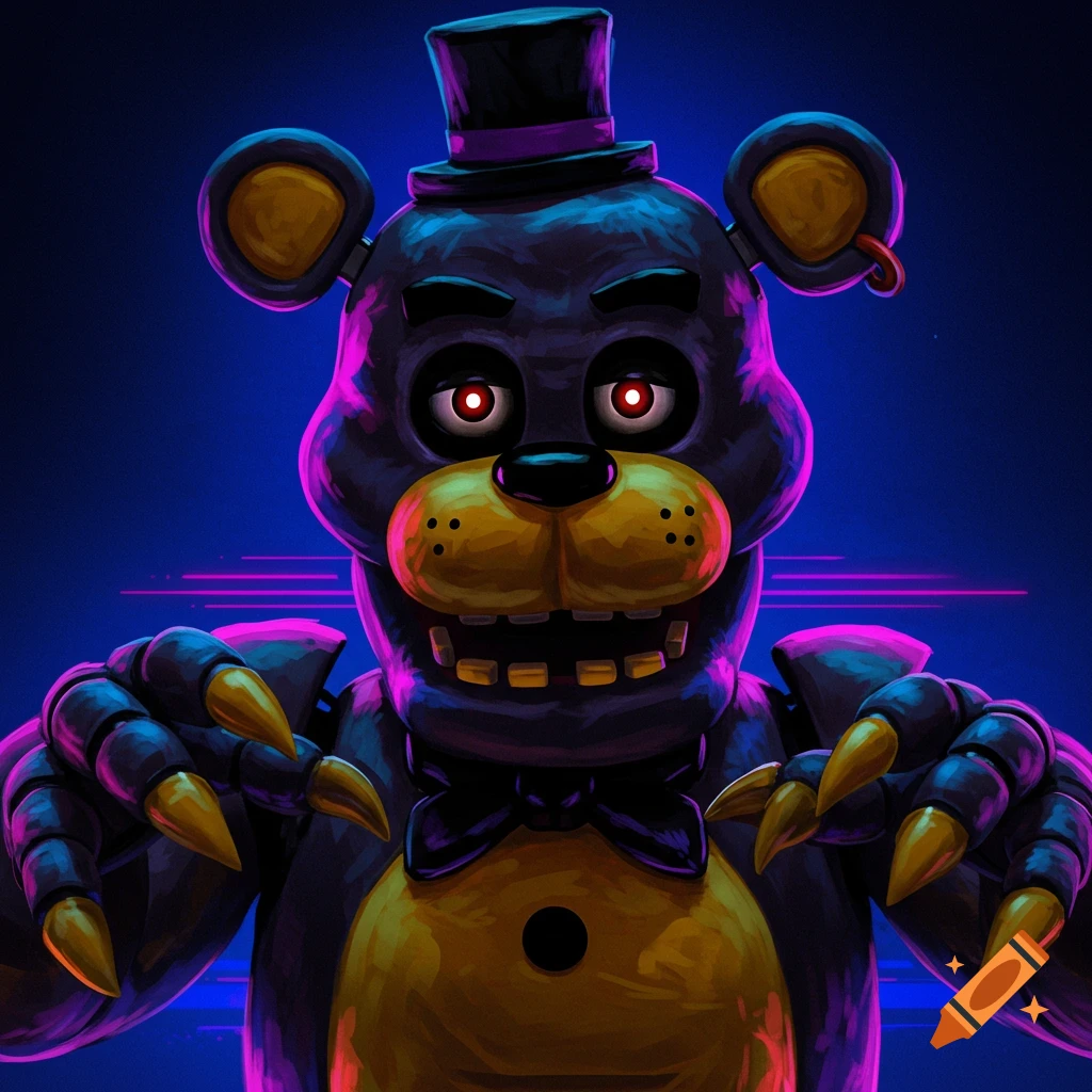A stylized image of a dark animatronic bear with red eyes and claws.