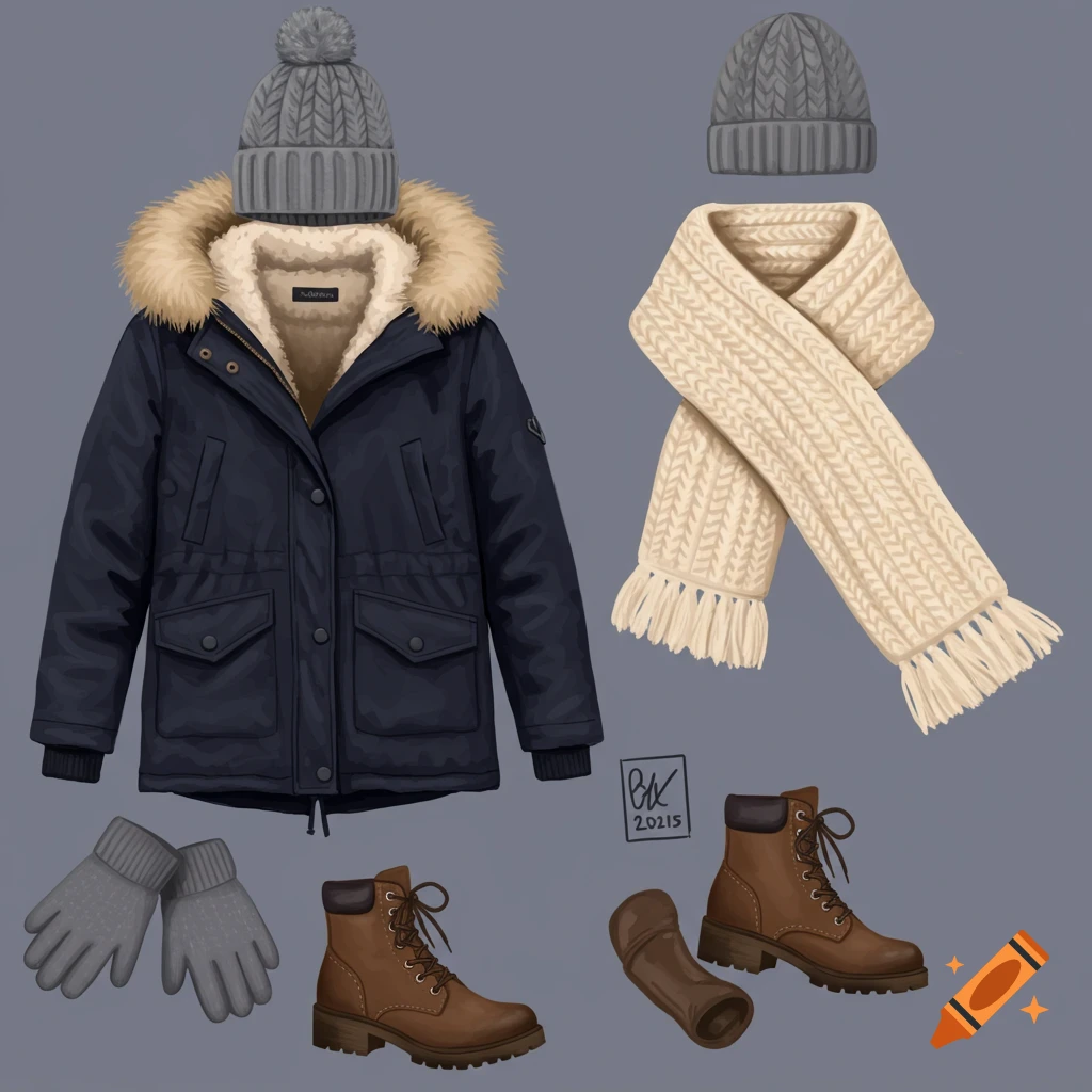 A cozy winter outfit featuring a navy coat with a fur hood, a grey hat and gloves, a cream knitted scarf, and brown boots.