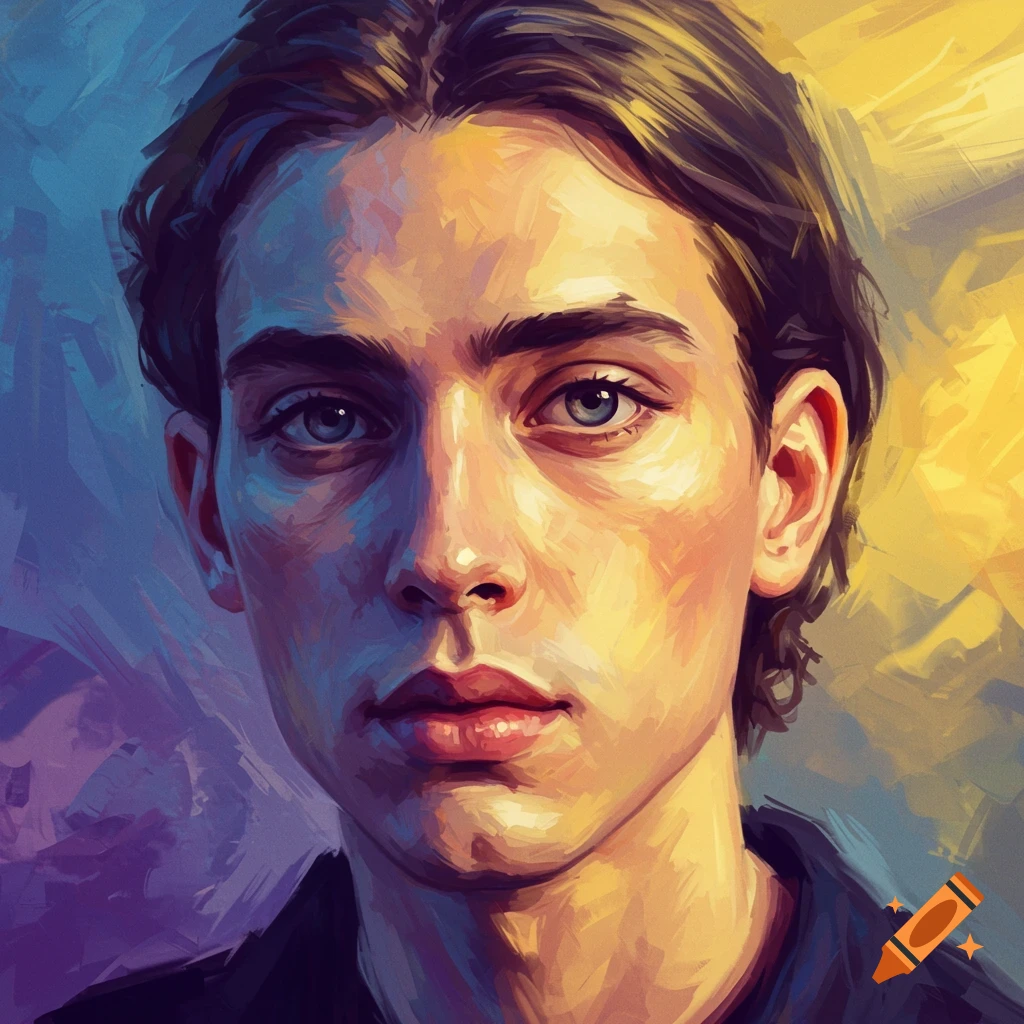 Painterly portrait of a person's face with vibrant blue, yellow, and purple colors.