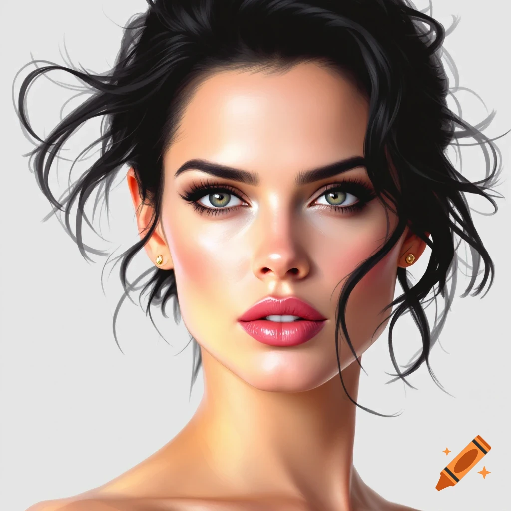 Close-up of a woman's face with dark hair and green eyes.