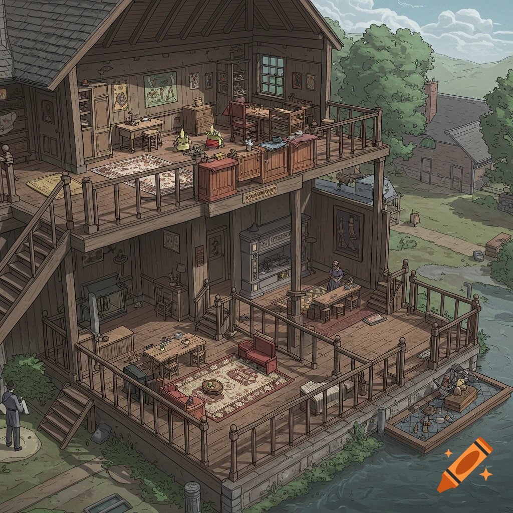 Detailed illustration of a multi-story house with a cutaway view showing interiors and people.